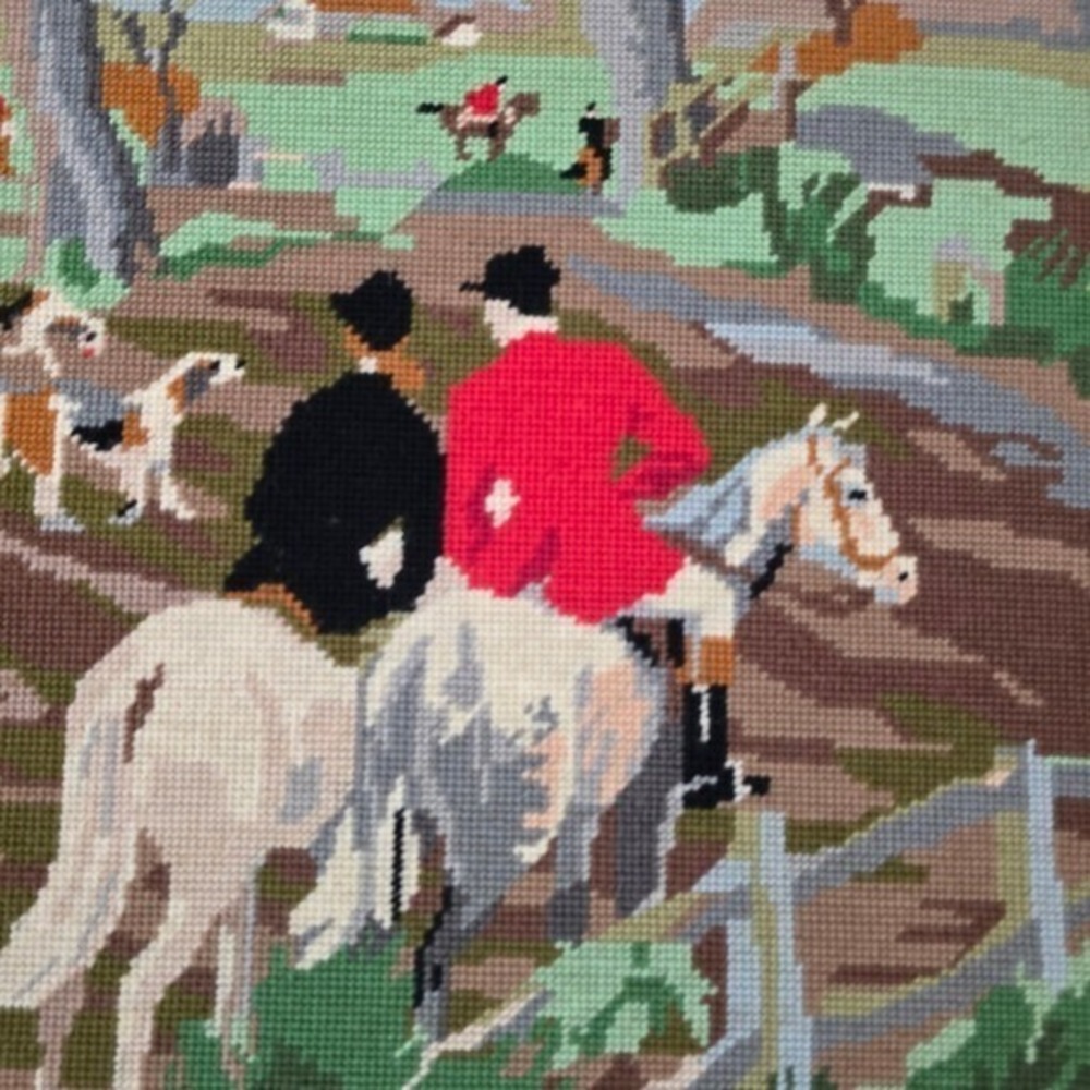 Vintage Framed Needlepoint Fox Hunt Equestrian Scene Wall Art Tapestry Decor - Picture 4 of 13